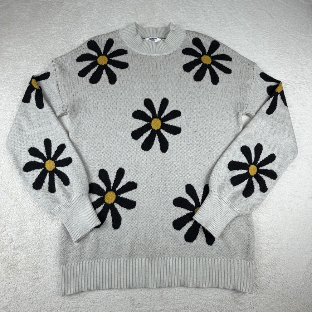 Zeagoo Daisy Floral Knit Sweater Womens M Cream Crewneck Cozy Cottagecore Y2K